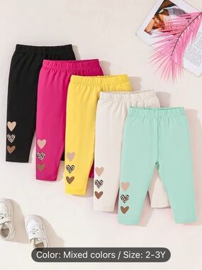 5 PCs set Heart pattern  new Kids Heart Print Stretch Leggings - Mixed Colors